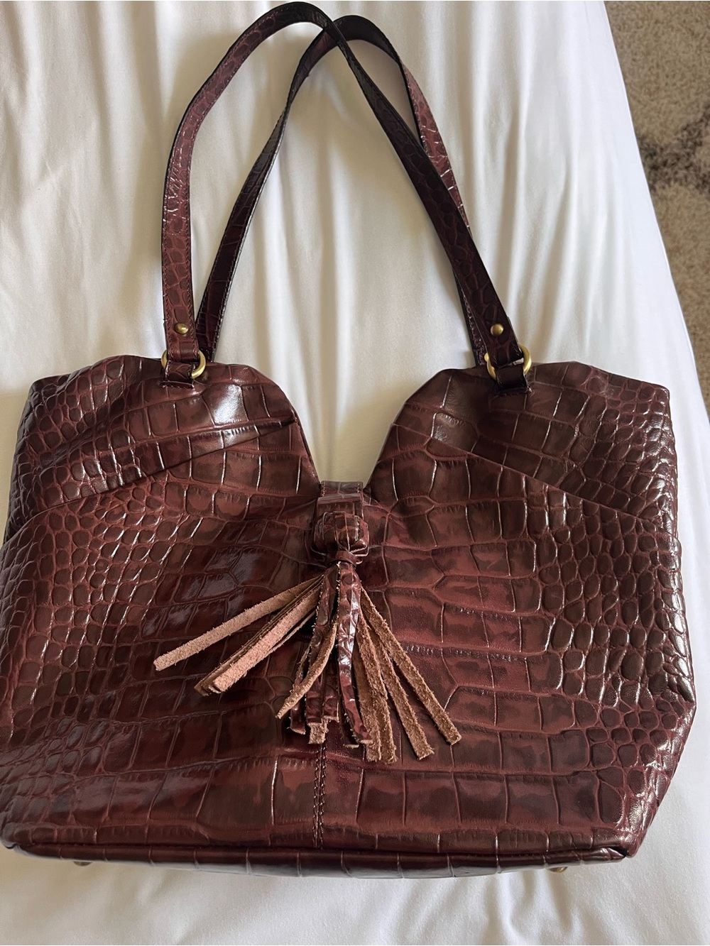 Croc-Embossed Brown Tassel Tote Bag